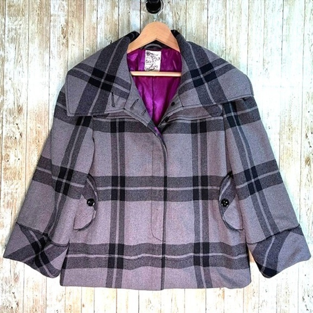 Tulle Plaid Cropped Swing Jacket L Gray Wool Blend Wide Collar Purple Lining